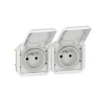 Double prise de courant précâblée 2x2P+T horizontale étanche Plexo 16A 250V IP55 2 postes avec enjoliveurs blanc